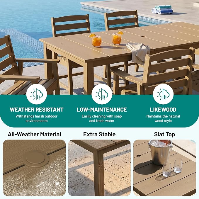 PLUUV Outdoor Dining Set for 8 Person, HDPE Large Table with Aluminum Legs and 8 Armless Chairs, All-Weather Patio Dining Furniture Set with Umbrella Hole for Backyard, Garden, Brown