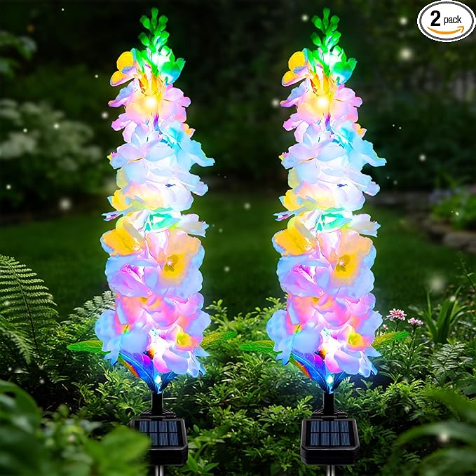 MRHEPHAESTUS Solar Garden Lights, Delphinium Flowers 2 Pack 40 LEDs, Waterproof Outdoor Lights Two Lighting Modes for Wedding Party Garden Yard Patio Lawn Decor and Gift for Mother