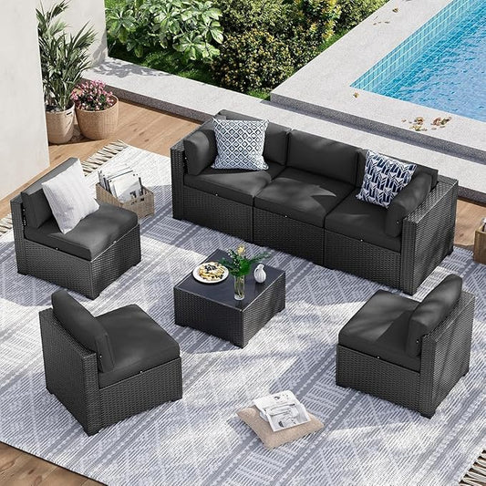 Aoxun 7 Piece Patio Furniture Set, Wicker Rattan Patio Sectional Sofa, Outdoor Furniture Set with Thickened Cushion, Black