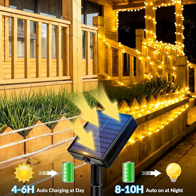 Solar Rope Lights, 2 Pack 33FT 100 LED Solar Fairy Lights with 8 Lighting Modes, IP65 Waterproof Strip Light Outdoor for Garden Yard Patio Deck Fence Tree Party Holiday Decoration, Warm White