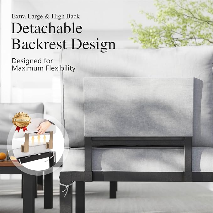 Sophia & William 6 Pieces Patio Furniture Set with Cushion, Metal Outdoor Sectional Sofa, Patio Conversation Sets with Wood Side Table, Modular Outdoor Seating Furniture for Backyard Deck Front Porch