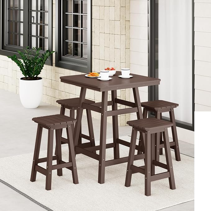 Costaelm Outdoor Bar Table, 37" Counter Height Square Patio Cocktail Bar Table with Umbrella Hole, Patio Bistro Dining Pub Table for Front Porch Deck Backyard Garden, Dark Brown