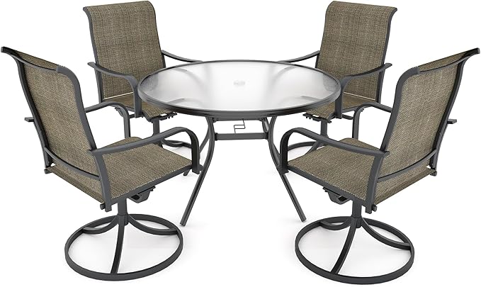 Anmutig 5-Piece Outdoor Patio Dining Set, 40" Round Glass Table with 4 Swivel Rocking Patio Chairs Furniture Set for Kitchen Garden, Backyard, Light Tan