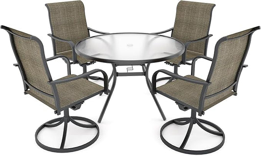 Anmutig 5-Piece Outdoor Patio Dining Set, 40" Round Glass Table with 4 Swivel Rocking Patio Chairs Furniture Set for Kitchen Garden, Backyard, Light Tan