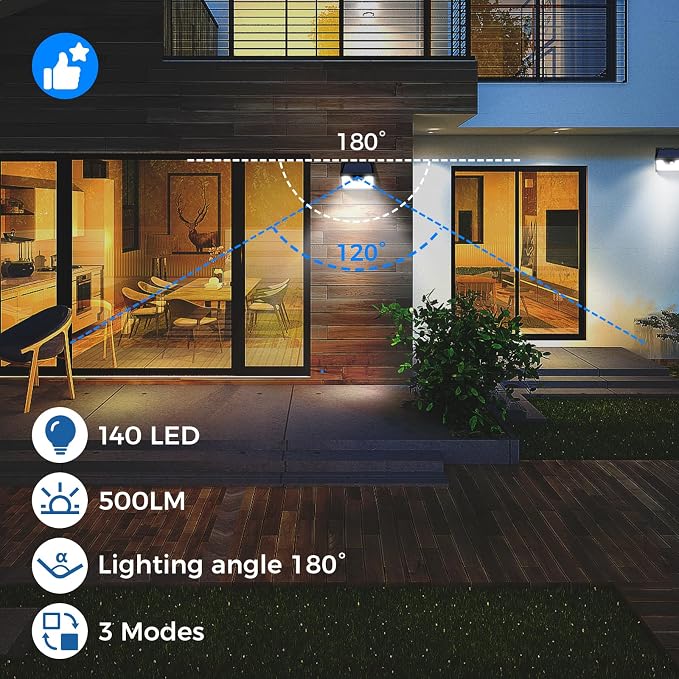 18 Pack/140 LED Solar Lights, Outdoor Waterproof, 3 Lighting Modes, Motion Sensor, Black