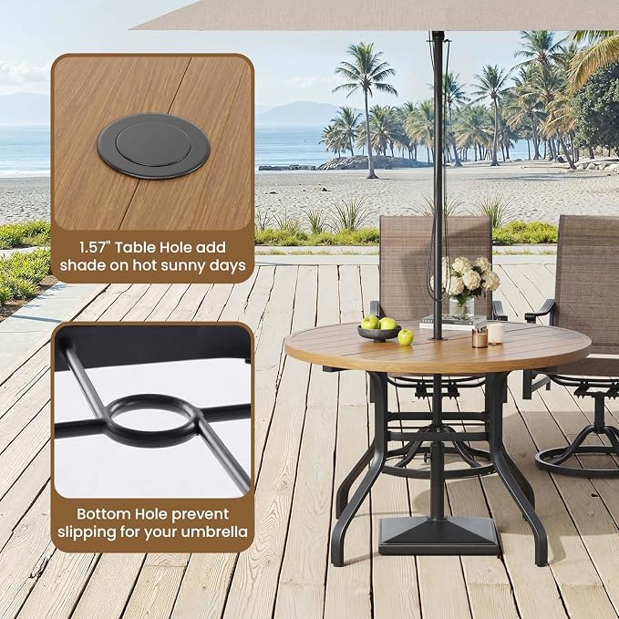 HRVEOCEI 47" Outdoor Round Table with Umbrella Hole, Metal Patio Dining Tables for Lawn Garden, Wood-Like Grain Bistro Table Outdoor for Backyard,Poolside,Deck,Por (Natural, Round)