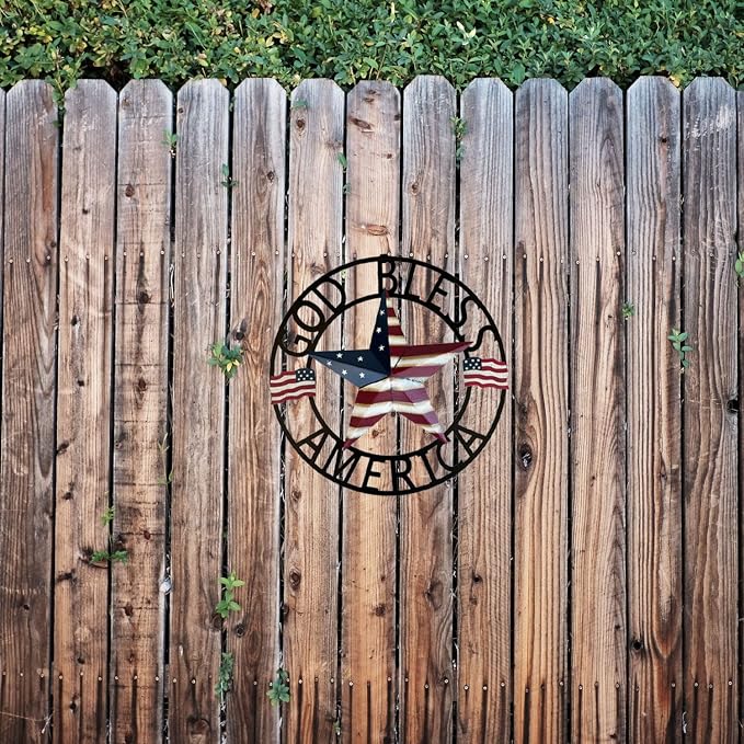 God Bless America USA Metal Star Hanging Welcome Home Signs Wall Decor 4th of July Patriotic Front Door Wreaths Hanger, Meta Flag Garden Fence Patio Front Porch Yard Indoor Outdoor Patriotic Decorations 13''H