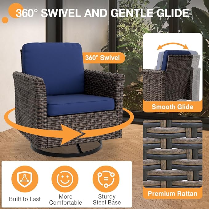 COOS BAY Harbor Retreat 8 Piece Outdoor Furniture Set, Patio Conversation Set with 4 Swivel Rocking Chairs, 3 Seat Couch, Side Table & Ottomans, Wicker Furniture, Brown/Blue