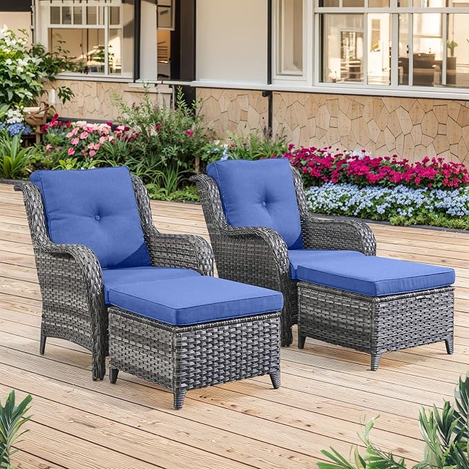 Belord High Back Patio Chairs Set of 2 - Gray Wicker Outdoor Seating, 4" Wide Armrests Rattan Outdoor Club Chairs with Blue Removable Cushion for Deck Porch Backyard