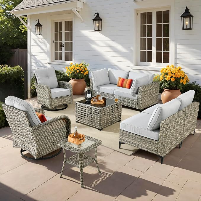 Outdoor Patio Furniture Sets, 8 PCS Patio Conversation Set Outside Rattan Sectional Sofa with Wicker Rocking Chairs Coffee Table Soft Cushion Fit Backyard Porch Garden Poolside Balcony