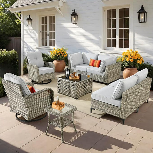 Outdoor Patio Furniture Sets, 8 PCS Patio Conversation Set Outside Rattan Sectional Sofa with Wicker Rocking Chairs Coffee Table Soft Cushion Fit Backyard Porch Garden Poolside Balcony