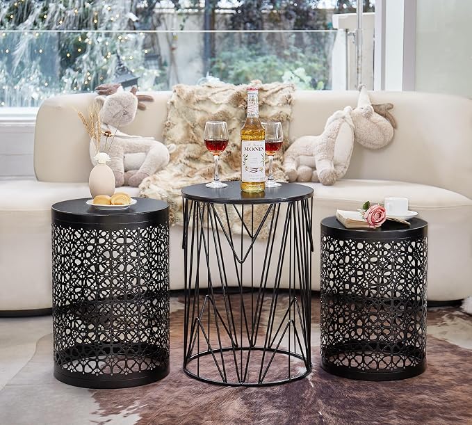 Y&M Outdoor Side Tables, Set of 3 Metal Stacking Patio Side Tables for Outside, Round Indoor End Tables, Coffee Accent Poolside Tables for Patio Garden Balcony, Black