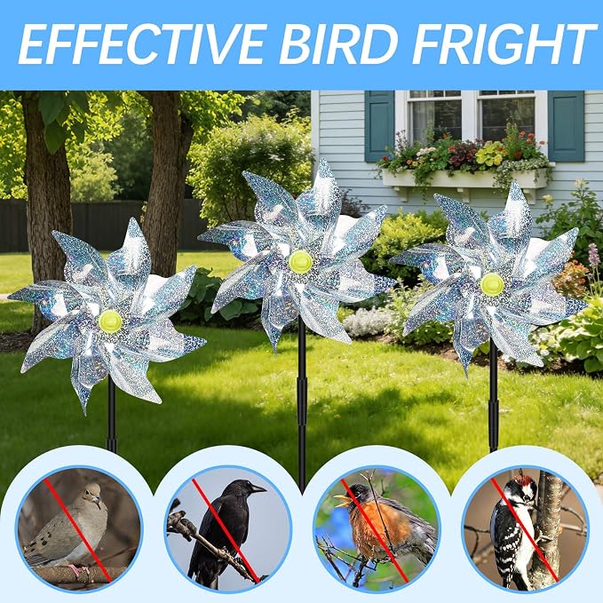 6 Pack Reflective Pinwheels for Yard and Garden,Scare Birds Away for Garden Decor,Bird Scare Devices Deterrent to Scare Birds,Keep Birds Away (Assembly Required)