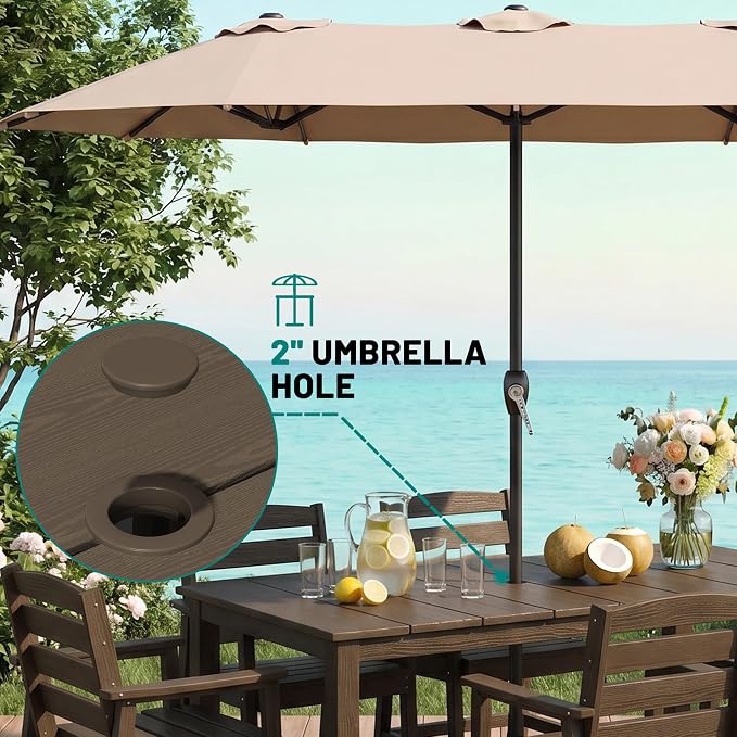 PLUUV 5-Piece Patio Dining Set, Hdpe Outdoor Patio Furniture Set with Aluminum Table Legs & Umbrella Hole, All-Weather Resistant Patio Table Set for Garden, Backyard, 4 Chairs & 1 Table, Coffee