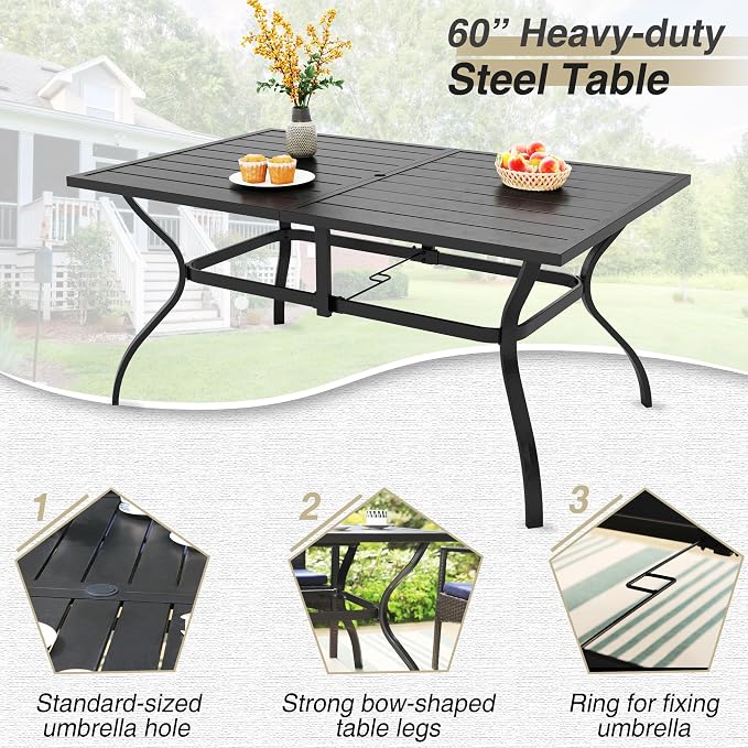 PHI VILLA 7pc Patio Dining Set with Red Umbrella, 6 Rattan Chairs | PE Rattan Chairs with Cushion, 13ft Large Red Umbrella, Powder-coated, for Deck, Yard, Porch