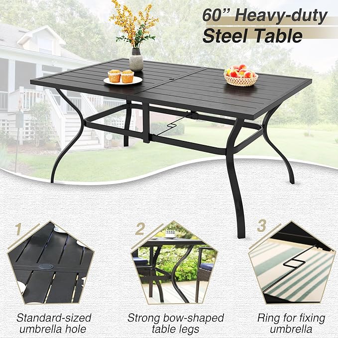 PHI VILLA 7pc Patio Dining Set w/Umbrella, Rectangular Table, Rattan Chairs | Outdoor Dining Set for 6, 60" Metal Table & 6 Cushioned Rattan Chairs with Navy Blue Umbrella for Outdoor, Deck, Yard, Porch