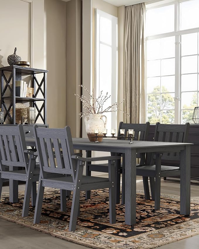 YEFU HIPS Patio Table Set: 5 Piece Outdoor Table and Chairs Dining Furniture Set with Umbrella Hole - Gray Modern Plastic Dining Sets 4 Person for Outside Deck with Metal Aluminum Frame