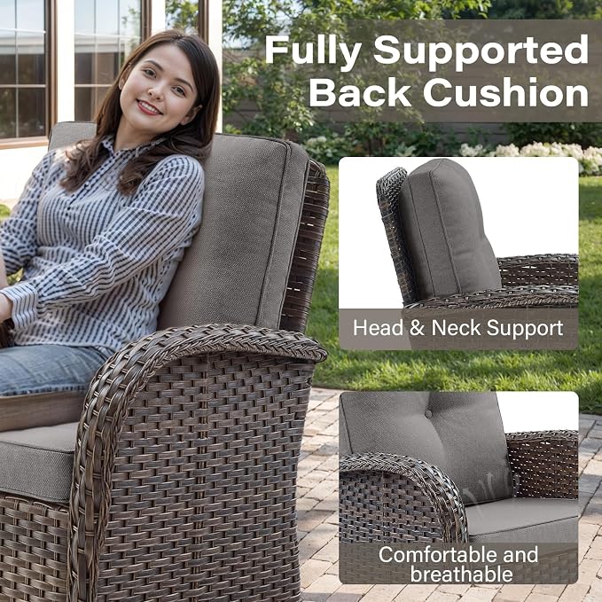 Belord 7 Piece Wicker Patio Furniture Set with 30" Fire Pit Table - Outdoor Swivel Rocker Chairs Set of 4 with Glass Side Tables Set of 2, Patio Conversation Set for Casual Gathering Brown/Grey