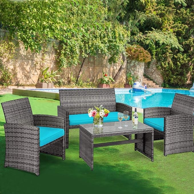 COSTZON HOMGX 4-Piece Patio Furniture Set, Outdoor PE Rattan Conversation Set w/Tempered Glass Table & Soft Cushions, Wicker Conversation for Sofa Porch, Poolside, Backyard (Turquoise)