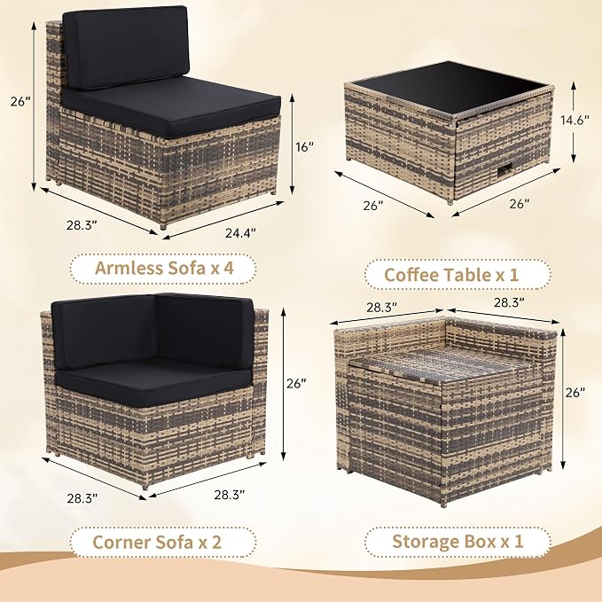 KROFEM 8 Piece Patio Furniture Set, Outdoor Modular Conversation Set, Black | UV Treated Wickers, Machine Washable Cushions, Seats 6, 2 Hidden Storage Compartments, Rustproof Frame, Waterproof