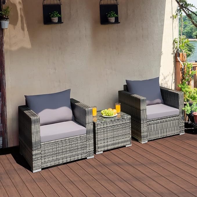COSTWAY 3-Piece Patio Furniture Set, Outdoor Wicker Rattan Sofa with Cushions and Coffee Table, Conversation Chair Set for Poolside Backyard Balcony Lawn (Grey)