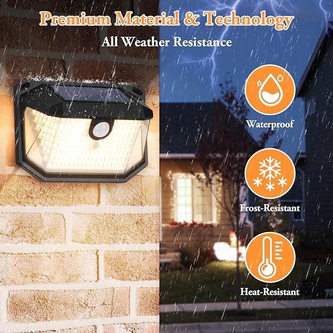 2-Pack Solar Outdoor Lights, Super Bright Solar Powered Motion Sensor Outdoor Lights, Warm White, 178s LED Outside Security Wall Lights for House, Porch, Fence