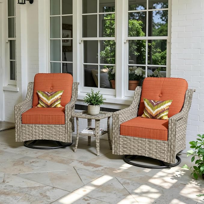 3 Piece Patio Furniture Set, Outdoor High Back Swivel Rocker Chairs Set of 2 with Side Table, All Weather Wicker Glider Chair with Thick Cushions for Backyard Balcony Porch, Orange