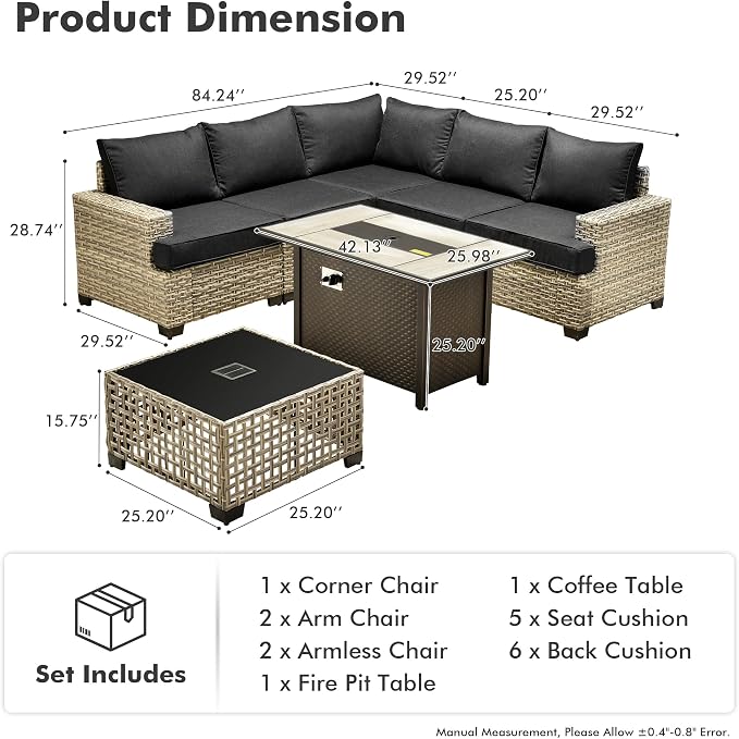 HOOOWOOO Sectional Patio Furniture Set with Fire Pit Table,7 Pieces Wicker Outdoor Furniture L Shaped Couch,Outside Conversation Set with Extra Deep Seat Sofa Wide Arm Solar Light Table,Black