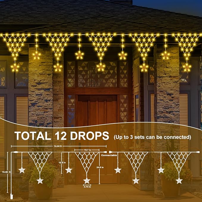 Outdoor Christmas Lights, 14FT 218 LED Curtain Lights, Hanging Fairy String Light, Plug-in LED String Light for Wedding, Party, Indoor, Christmas Decoration - Warm White