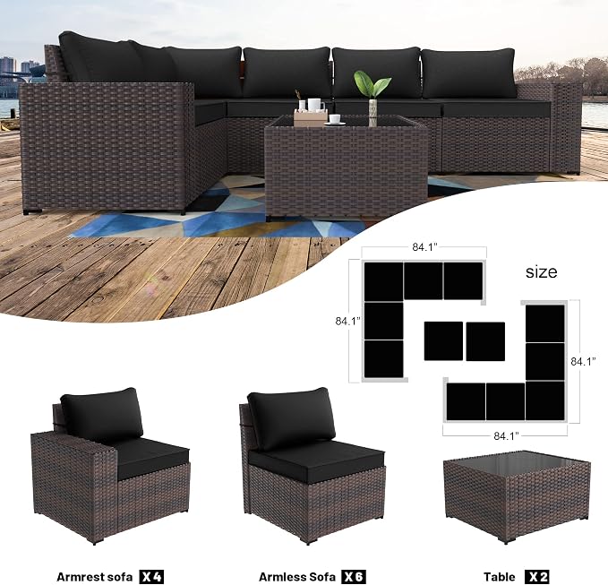 Kullavik Outdoor Patio Furniture Set,12 Pieces Sectional Rattan Sofa Set Brown PE Rattan Wicker Patio Conversation Set with 10 Seat Cushions and 2 Tempered Glass Coffee Table,Black