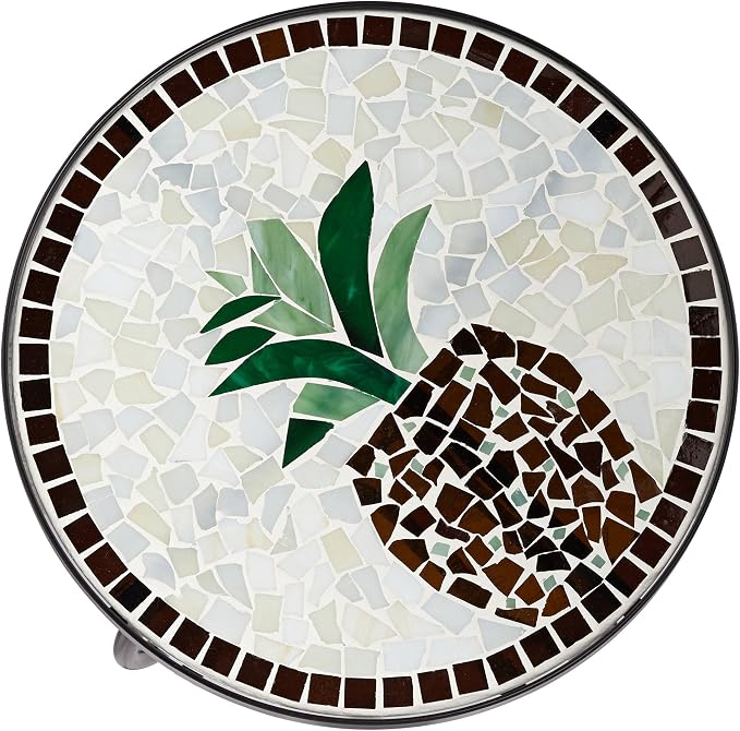 Teal Island Designs Pineapple Modern Black Metal Round Outdoor Accent Side Tables 14" Wide Set of 2 Beige Mosaic Tile Tabletop Gracefully Curved Legs for Spaces Porch Patio Home House Balcony Deck