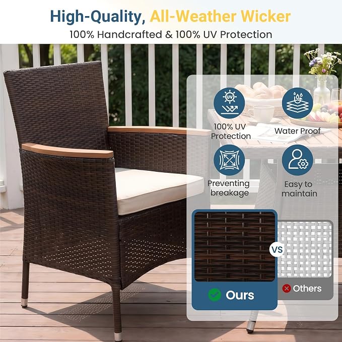 Wisteria Lane 10-Pieces Outdoor Patio Table and Chairs, Rattan Patio Table Set with Acacia Wood Tabletop, Patio Dining Furniture Set for 8 with Removable Cushions for Deck Garden Backyard, Brown