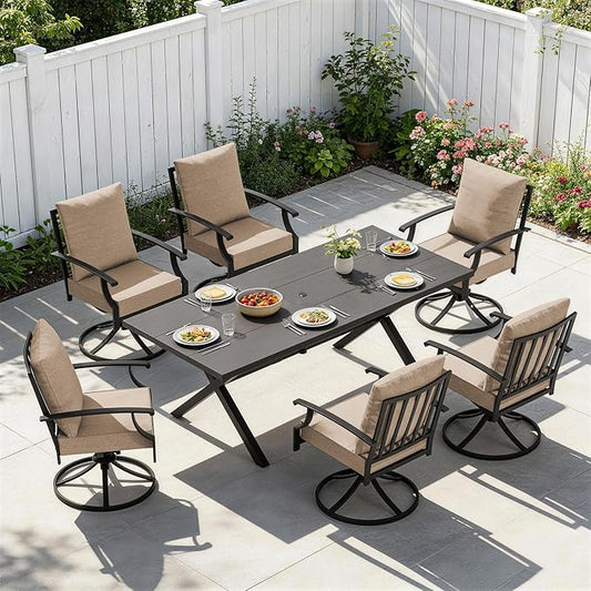 7 PCS Outdoor Patio Dining Set,Patio Table and Chairs Metal Outdoor Patio Furniture Set with Umbrella Hole,Dining Table Set with 6 Swivel Chairs for Deck,Backyard and Garden,Brown