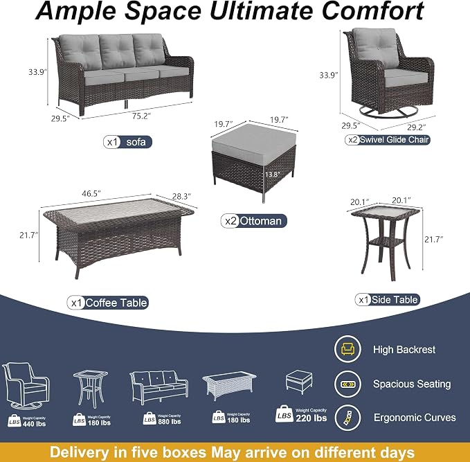 7-Piece Patio Furniture Set, Outdoor Thick Wicker Sectional Sofas with 2 Swivel Chairs, High Back Sectional Sofa Couch, Outdoor Conversation Set for Backyard, Porch, Deck, Grey