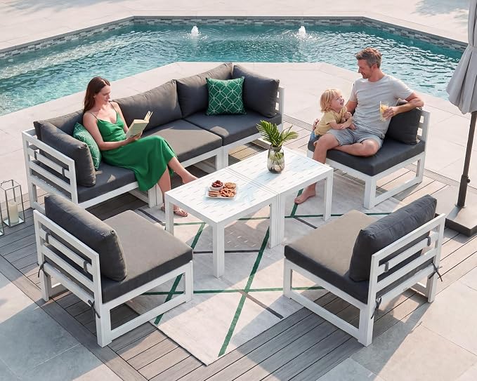 NICESOUL 8 Pcs Large Modern Aluminum Outdoor Sofa, 29" Deep Wide Seated, 500 lbs Durable L Shaped Sectional Set for Heavy People, Water Resistant Modular Patio Furniture Set for Backyard, Dark Gray