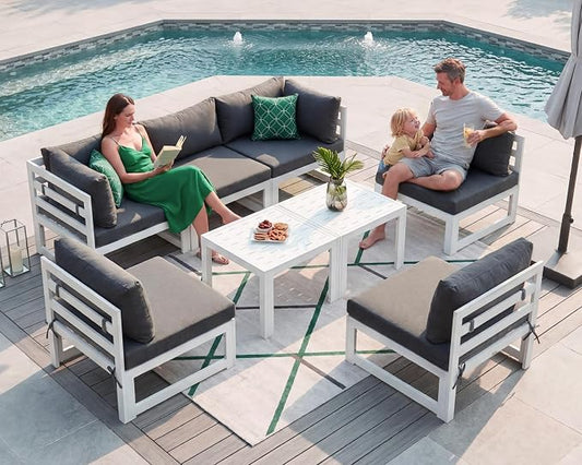 NICESOUL 8 Pcs Large Modern Aluminum Outdoor Sofa, 29" Deep Wide Seated, 500 lbs Durable L Shaped Sectional Set for Heavy People, Water Resistant Modular Patio Furniture Set for Backyard, Dark Gray