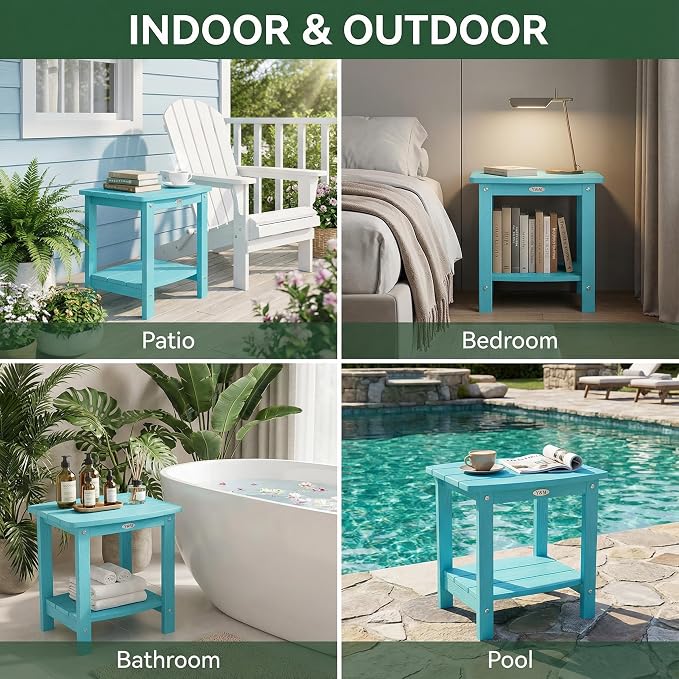 Y&M Outdoor Side Table, HIPS Adirondack Small Double Layer Table, Waterproof Square Outside Table, Balcony End Tables for Patio, Pool, Porch, Deck, Indoor or Outdoor Use, Light Blue