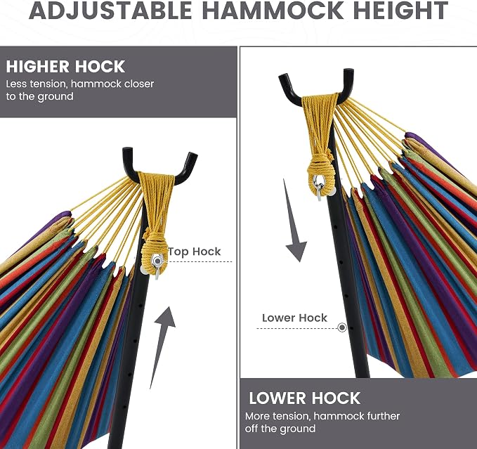 Lazy Daze Portable Hammock with Stand, Free Standing Hammocks for Indoor Outdoor Patio Yard, Has a Carrying Bag and Pillow, 9ft Hamacas Heavy Duty 2 Person Amaca 450 lbs Capacity(Purple Stripes)
