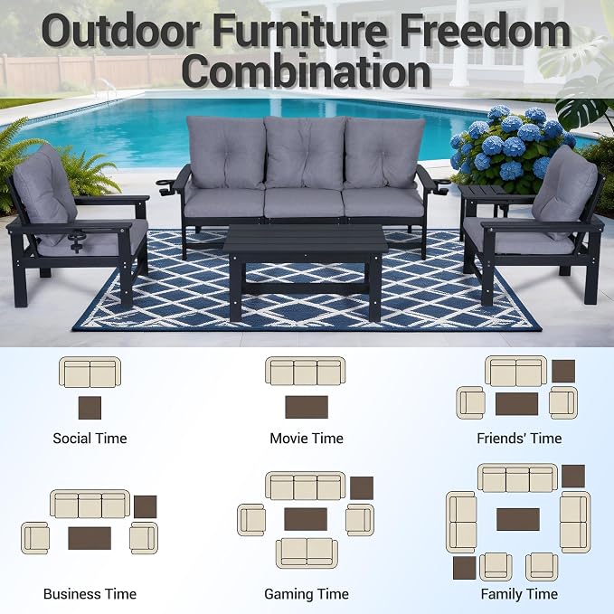 HDPE Outdoor Patio Furniture Set, 7 PCs All Weather Performance Patio Conversation Set w/Back and Seat Cushions, Free Combination Outdoor Furniture for Patio, Lawn, Poolside, Backyard, Black