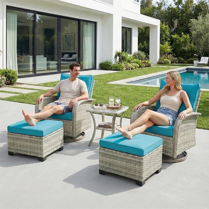 5-Piece Small Patio Furniture Set, Outdoor Swivel Rocking Chairs Set with Ottomans, Patio Bistro Set for Balcony, Deck, Porch, Lake Blue