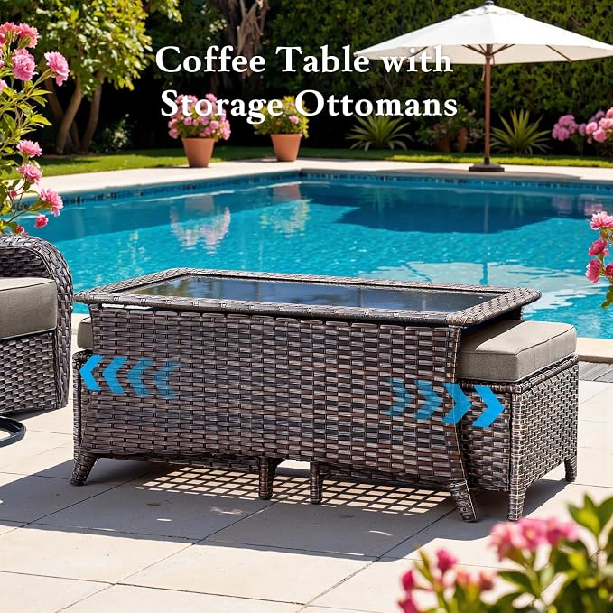 Belord Luxury 6" Thick Cushioned 8 Pieces Patio Furniture Set with Outdoor Couch, Wicker Outdoor Conversation Set with High Back Swivel Rocker Chairs for Deck Porch Yard and Poolside - Brown+Grey