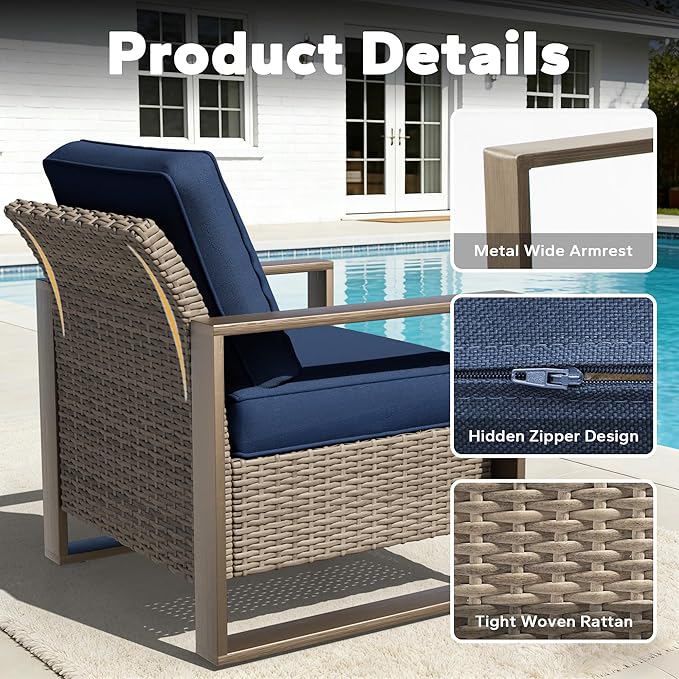 6 Pieces Metal Wicker Patio Furniture Set - 75" Sofa, 2 Armchairs and 2 Ottomans, 1 Coffee Table All Weather Rattan Outdoor Conversation Furniture with Washable Cushion for Deck Porch, Dark Blue