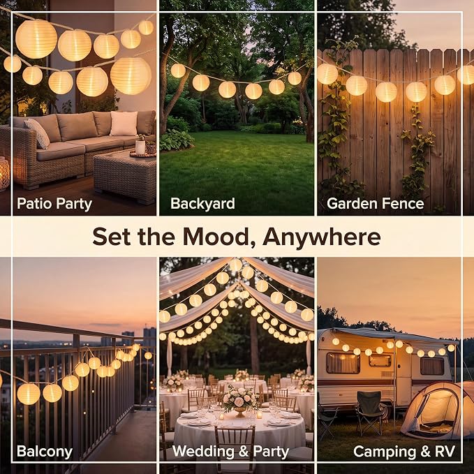 Outdoor Solar String Lantern Lights 30.7FT,Outdoor IP44 Waterproof 20 Lantern Added 1 Lantern Lights,8 Modes Solar Type-C Powered Patio Lights for Backyard Garden Cafe Bistro Party Decor