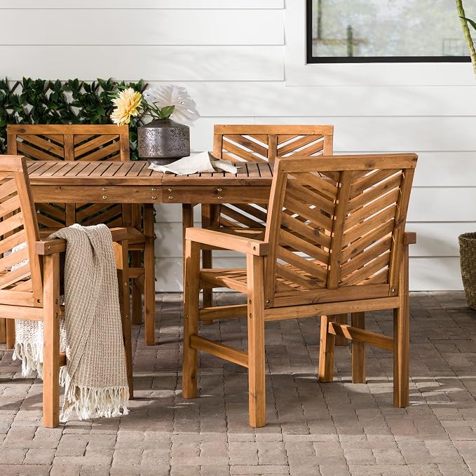 Walker Edison 4 Person Outdoor Wood Chevron Patio Furniture Dining Set Table Chairs All Weather Backyard Conversation Garden Poolside Balcony, 5 Piece, Brown