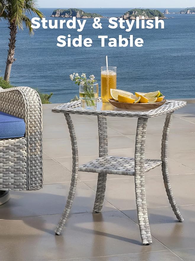 3 Piece Outdoor Patio Furniture Set,High Back Wicker Swivel Rocker Patio Chairs with 4" Thickened Cushions & Coffee Table, All-Weather PE Rattan for Garden, Backyard, Porch, Blue