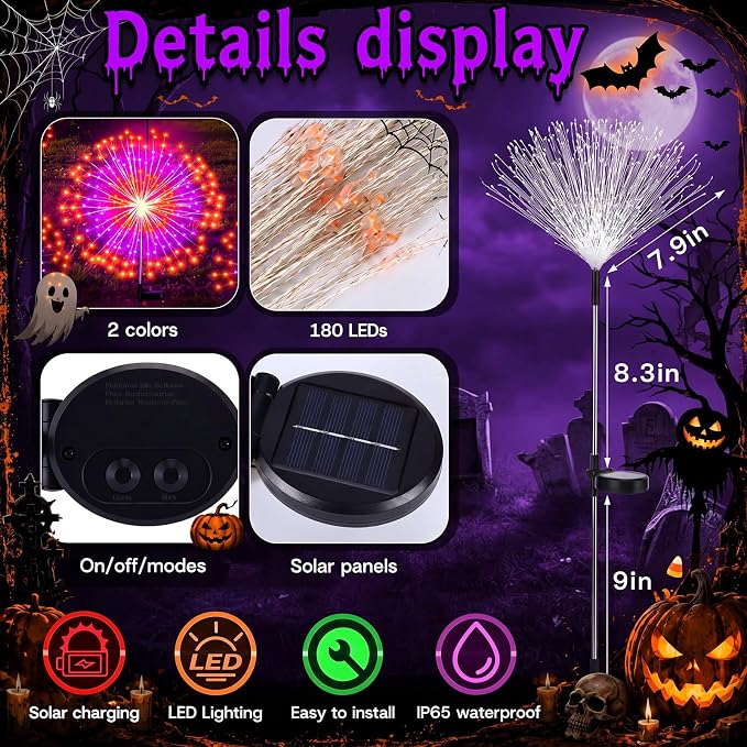 Tujoe 8 Pcs Halloween Solar Firework Stake Lights 180 LED 8 Modes Solar Waterproof LED Sparkler Lights Outdoor Decoration for Garden Patio Yard Pathway Walkway Lawn(Orange-Purple)