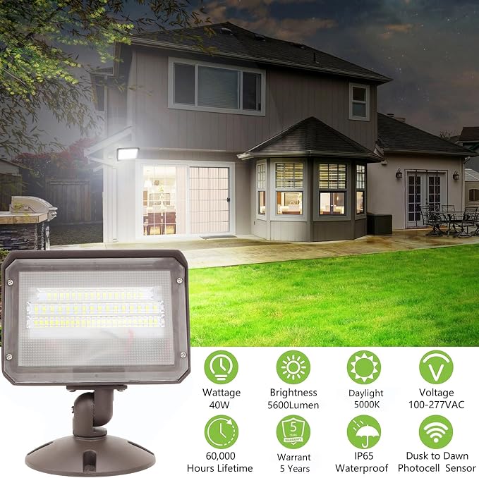 2Pack Dusk to Dawn Outdoor 40W LED Flood Light with Knuckle & Plate Mount,5000K ETL Commercial LED Security Lighting
