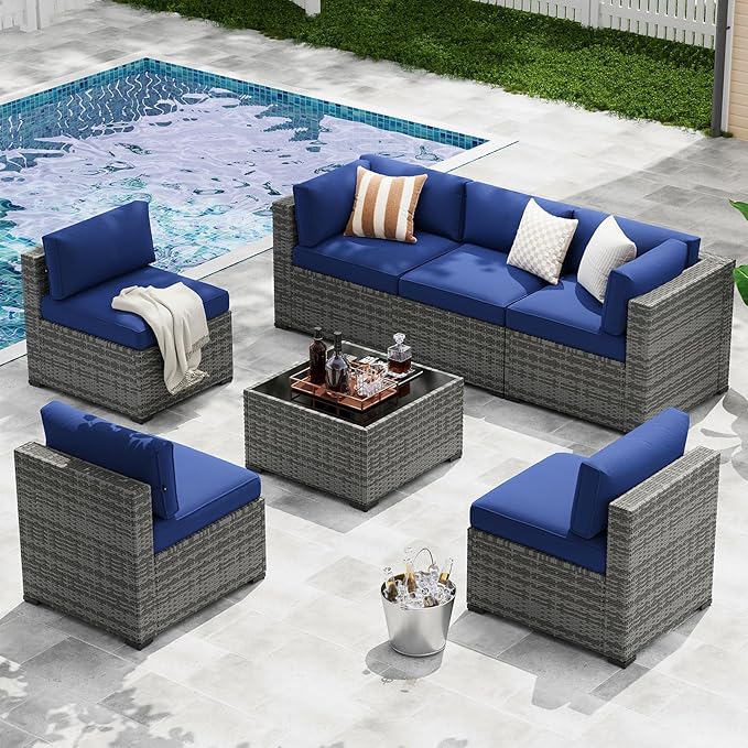 LazySunsets 7-Piece Patio Furniture Set, Wicker Rattan Outdoor Furniture with Thick Cushions, Patio Conversation Sets with Coffee Table, Outdoor Sectional Couch Sofa, Blue
