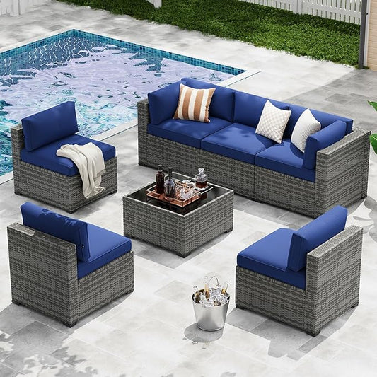 LazySunsets 7-Piece Patio Furniture Set, Wicker Rattan Outdoor Furniture with Thick Cushions, Patio Conversation Sets with Coffee Table, Outdoor Sectional Couch Sofa, Blue