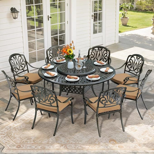 9-Piece Patio Furniture Dining Set, All Weather Cast Aluminum Outdoor Conversation Set- 61" Round Patio Dining Table with Detachable Lazy Susan & 8 Cushioned Chairs, Umbrella Hole, Khaki